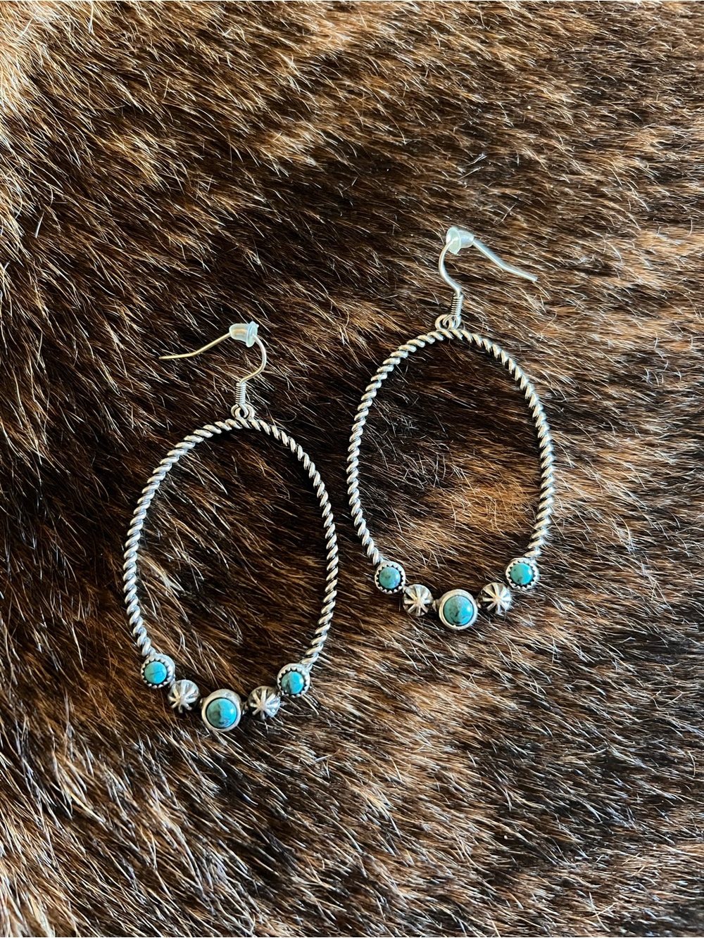 Turquoise Hoop Drop Earrings - Silver Tone